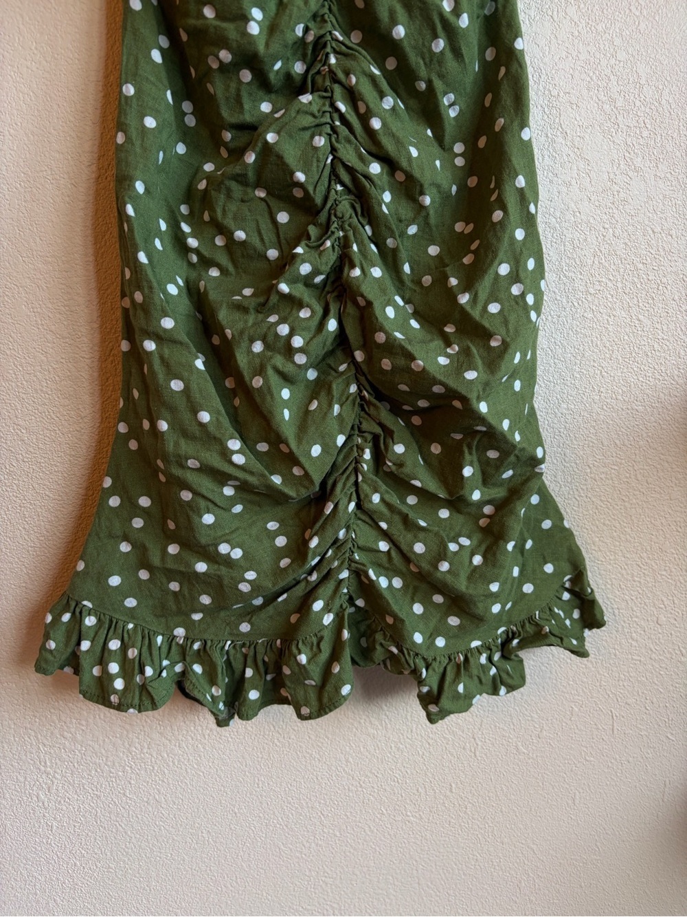 Zara Green White Linen Polka Dot Ruched Mini Dress Ruffle Hem Cottagecore Y2K - Picture 5 of 9